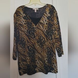 GM Collection Mixed Animal Print V-Neck Women's Top - Black & Gold Size 1X